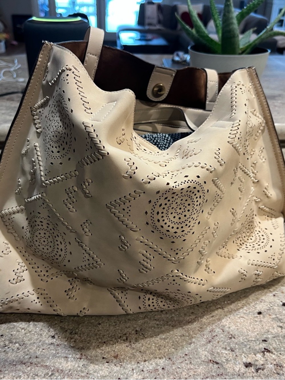 Women's Cream Laser-Cut Leather Tote Bag